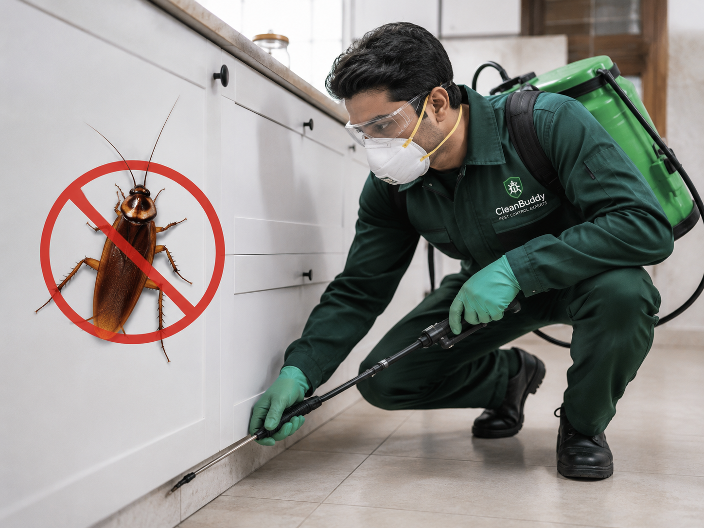 Technician performing cockroach control treatment inside a modern kitchen