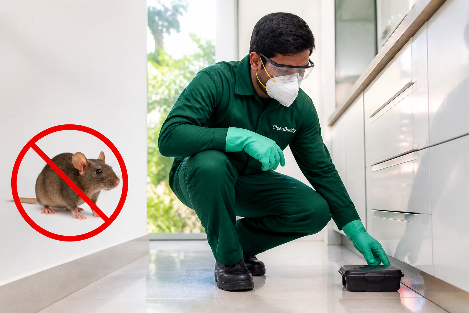 Professional rodent control treatment being applied near kitchen cabinets