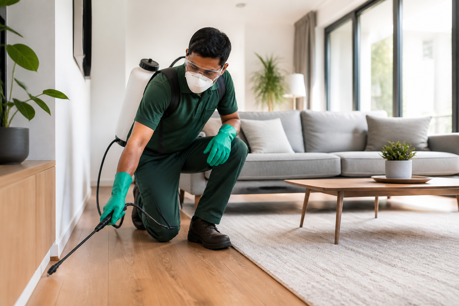 Professional technician spraying inside a clean modern living room